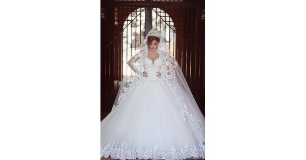 Long Sleeves Lace Tulle Ball Gown Wedding Dresses Bridal Gowns 3030085