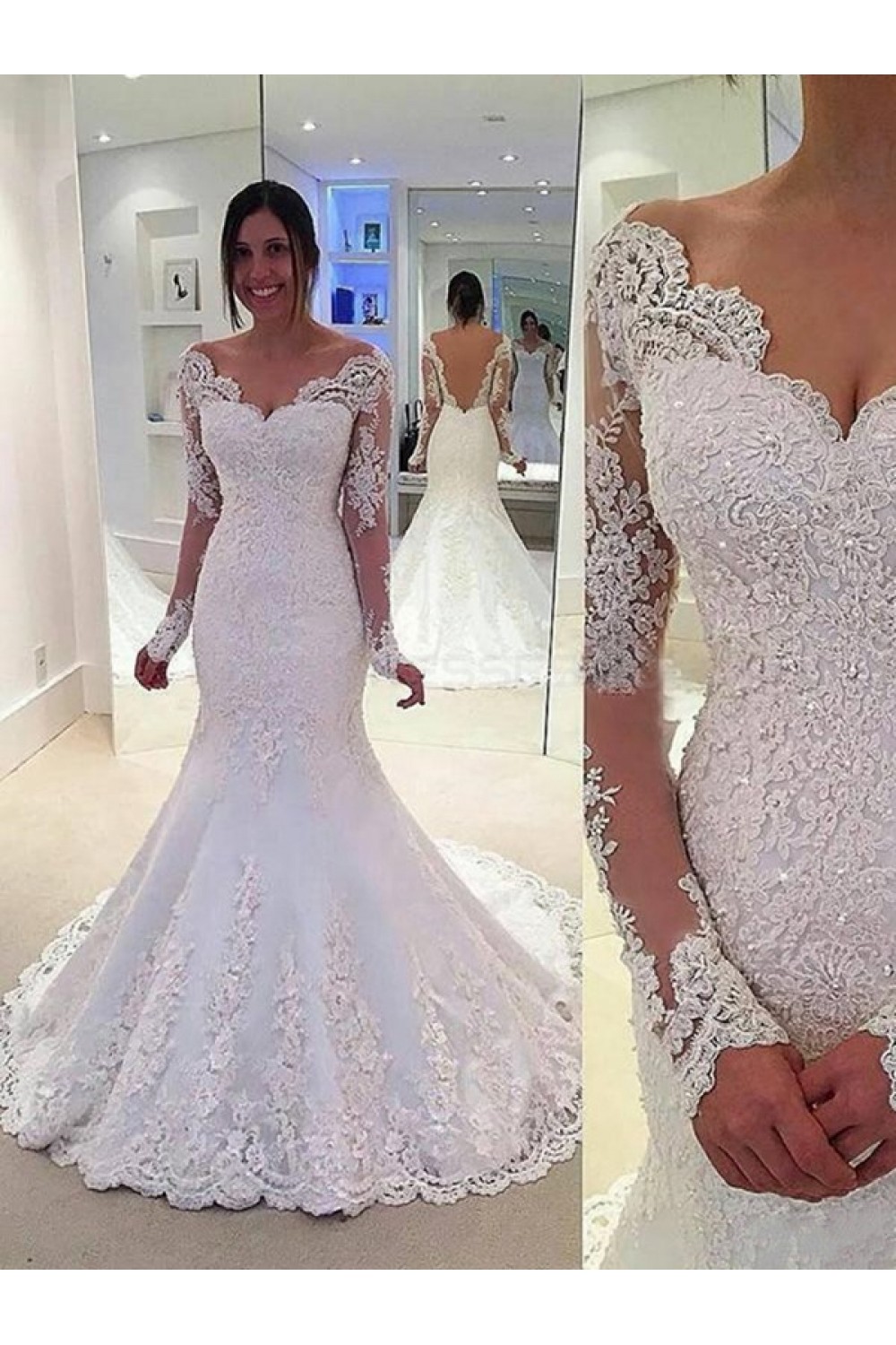 Lace Long Sleeves Mermaid Backless Wedding Dresses Bridal Gowns