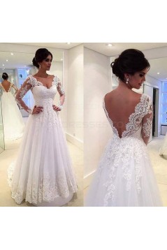 A-Line Long Sleeves Lace V-Neck Wedding Dresses Bridal Gowns 3030095