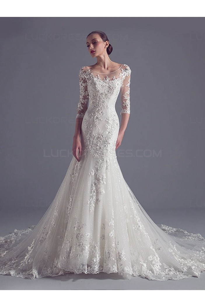 Mermaid 3/4 Length Sleeves Lace Wedding Dresses Bridal Gowns 3030104