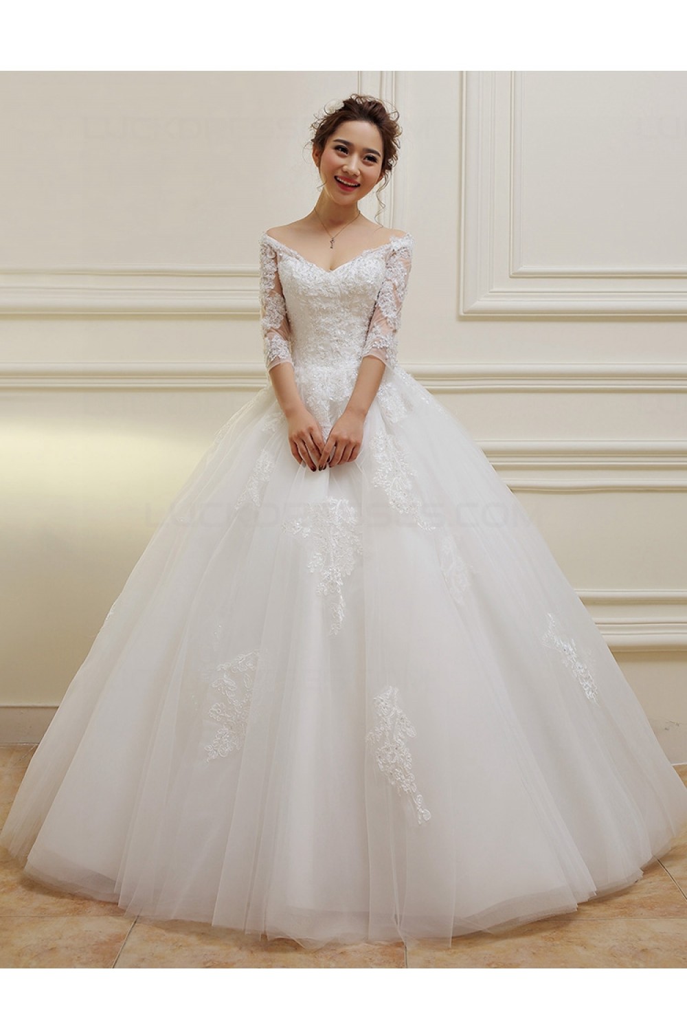 3/4 Length Sleeves VNeck Lace Wedding Dresses Bridal