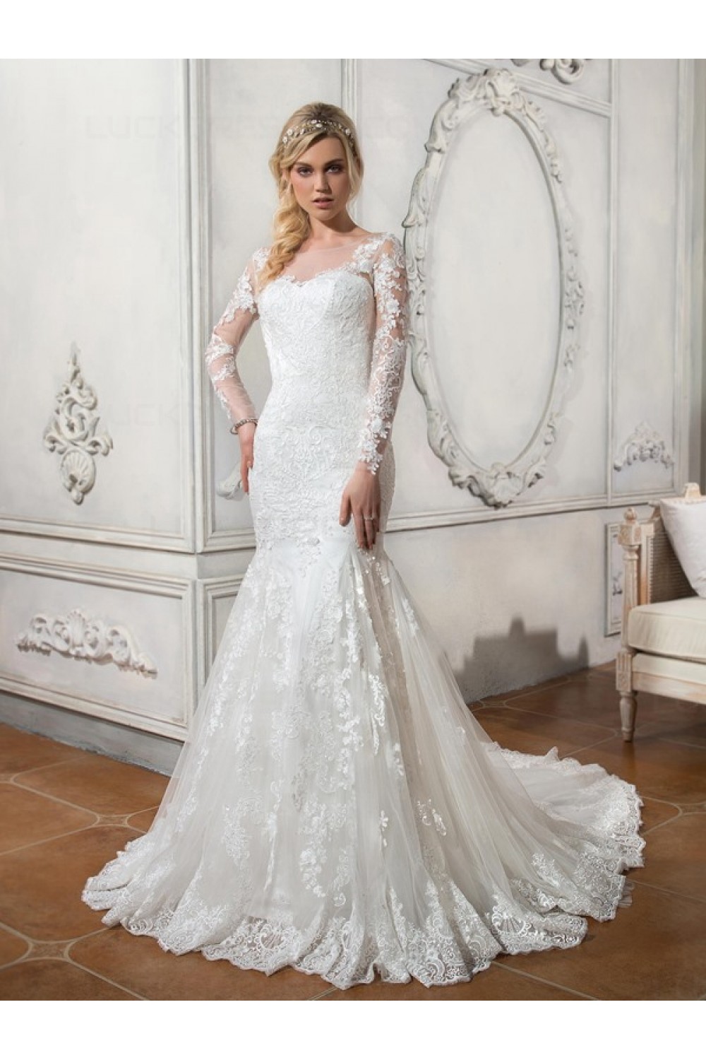 Long Sleeves Mermaid Illusion Neckline Lace Wedding Dresses Bridal
