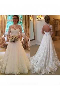 A-Line High Neck Long Sleeves Keyhole Back Lace Wedding Dresses Bridal Gowns 3030148