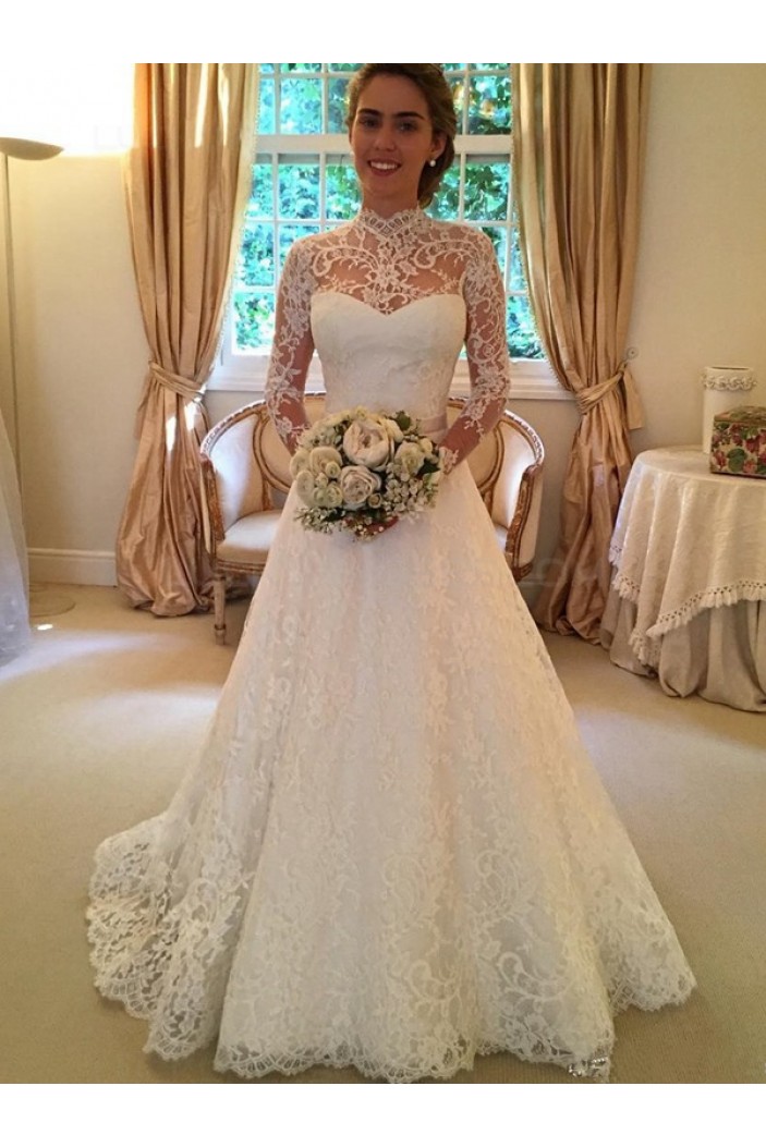 A-Line High Neck Long Sleeves Keyhole Back Lace Wedding Dresses Bridal Gowns 3030148