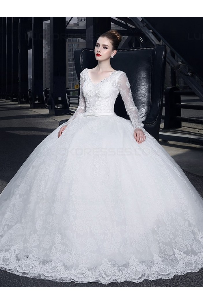 Ball Gown V-Neck Long Sleeves Lace Wedding Dresses Bridal Gowns 3030155