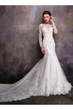 Long Sleeves Crystal Mermaid Lace Wedding Dresses Bridal Gowns 3030165