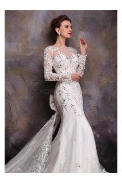 Long Sleeves Crystal Mermaid Lace Wedding Dresses Bridal Gowns 3030165