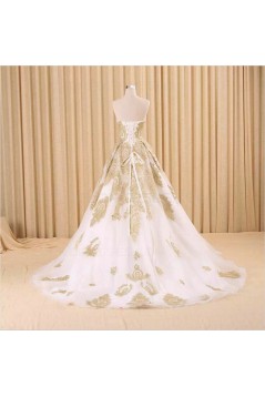 A-Line Sweetheart Gold Lace Appliques Wedding Dresses Bridal Gowns 3030216