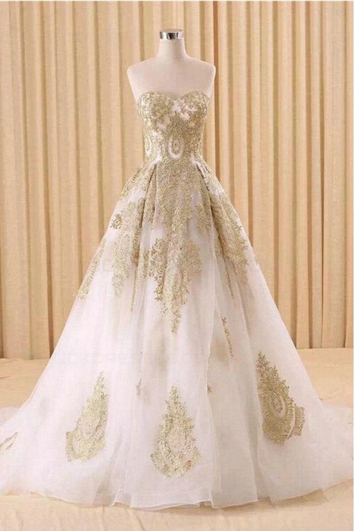 A-Line Sweetheart Gold Lace Appliques Wedding Dresses Bridal Gowns 3030216