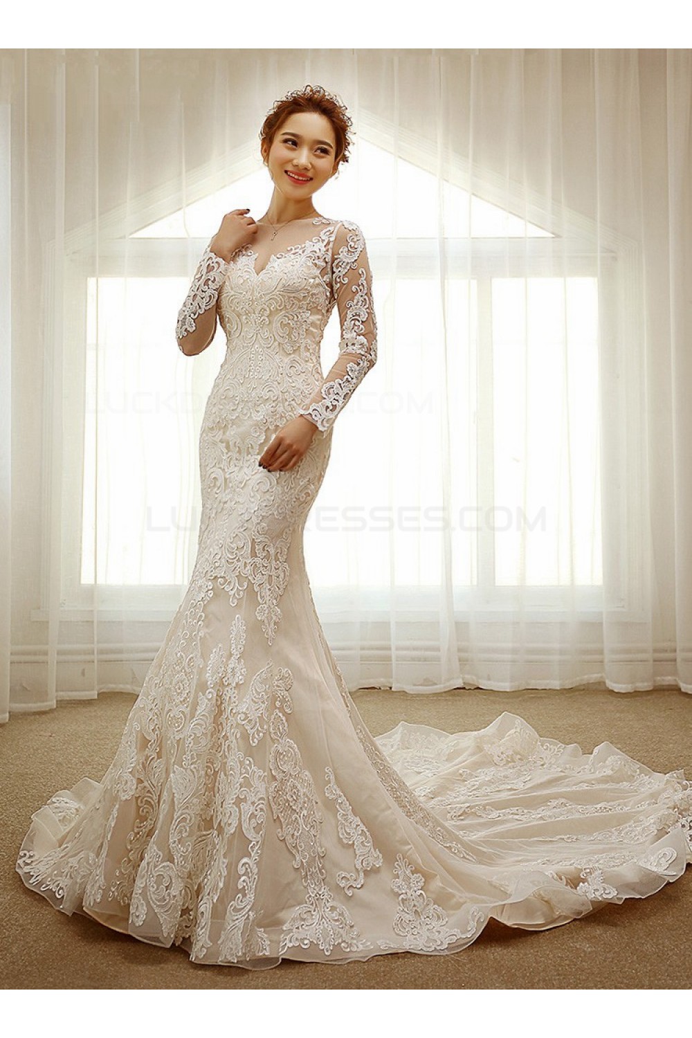 Mermaid Long Sleeves Sheer Lace Wedding Dresses Bridal