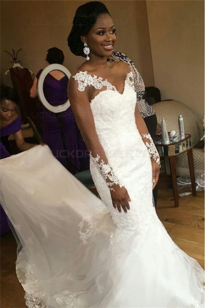 Long Sleeves Lace Mermaid Sheer Wedding Dresses Bridal Gowns 3030245