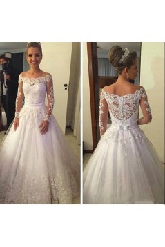 A-Line Long Sleeves Off-the-Shoulder Lace Wedding Dresses Bridal Gowns 3030249