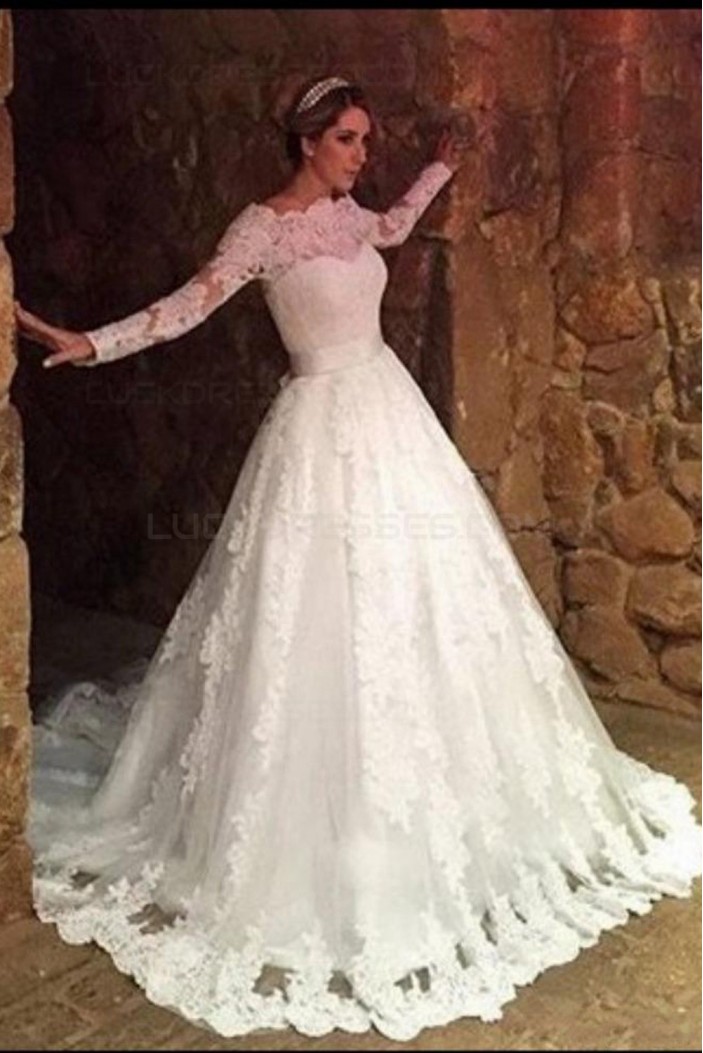A-Line Long Sleeves Off-the-Shoulder Lace Wedding Dresses Bridal Gowns 3030252