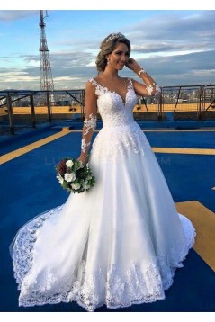 A-Line Long Sleeves Lace Illusion Bodice Wedding Dresses Bridal Gowns 3030256