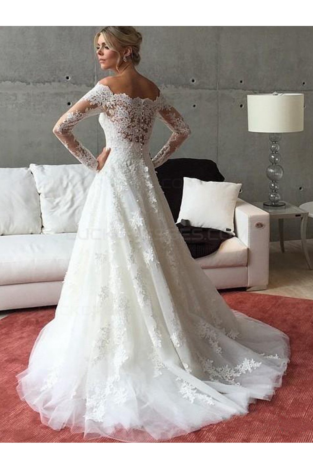 A-Line Long Sleeves Lace Off the Shoulder Wedding Dresses Bridal Gowns ...