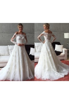 A-Line Long Sleeves Lace Off the Shoulder Wedding Dresses Bridal Gowns 3030264