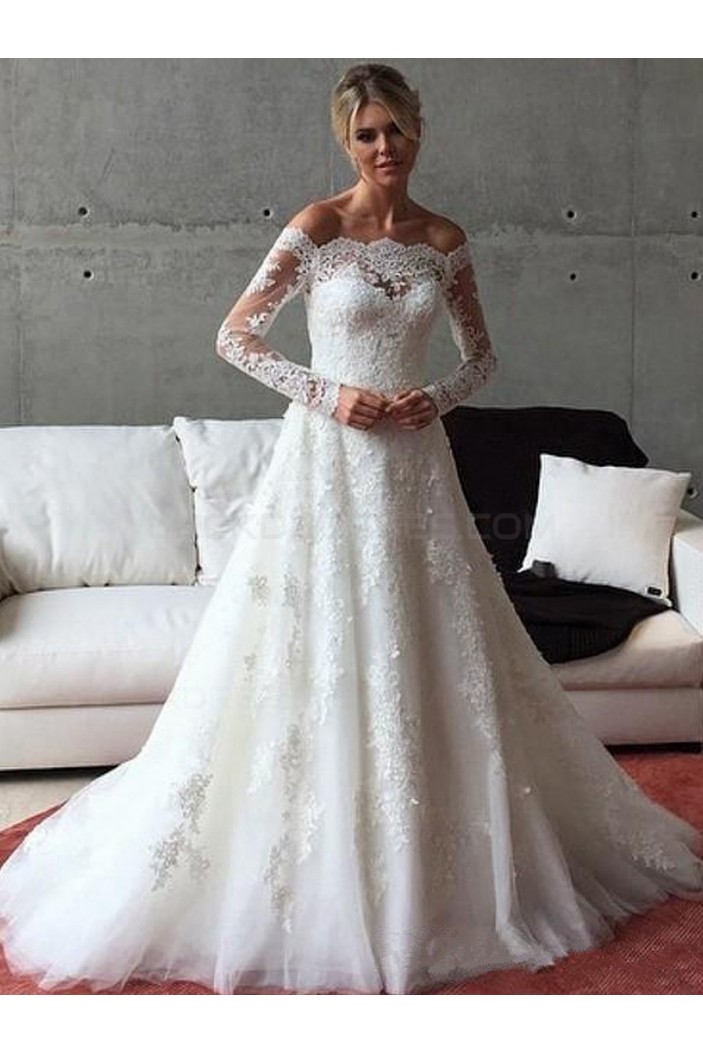 A-Line Long Sleeves Lace Off the Shoulder Wedding Dresses Bridal Gowns 3030264