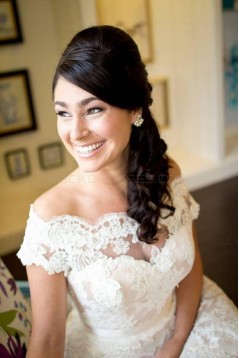 A-Line Lace Off-the-Shoulder Tea Length Wedding Dresses Bridal Gowns 3030292
