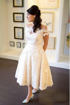 A-Line Lace Off-the-Shoulder Tea Length Wedding Dresses Bridal Gowns 3030292