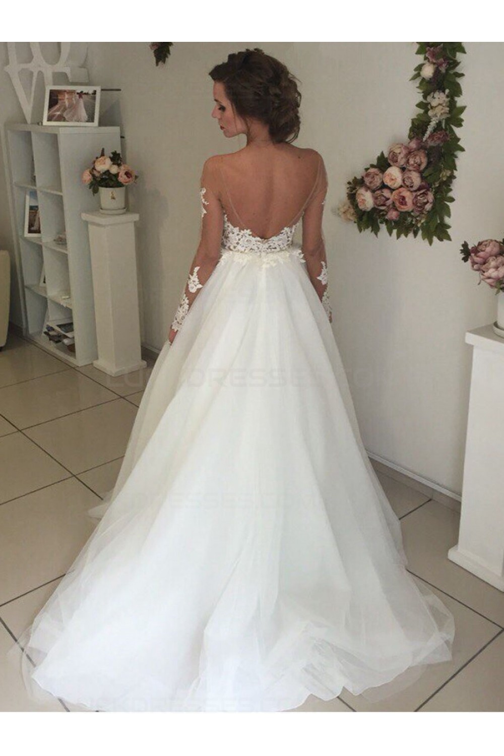 Long Sleeves Lace Illusion Neckline Wedding Dresses Bridal ...