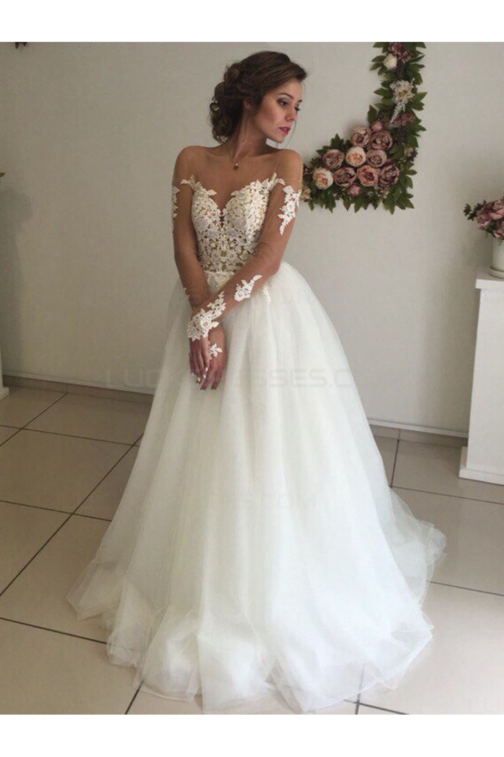 Long Sleeves Lace Illusion Neckline Wedding Dresses Bridal