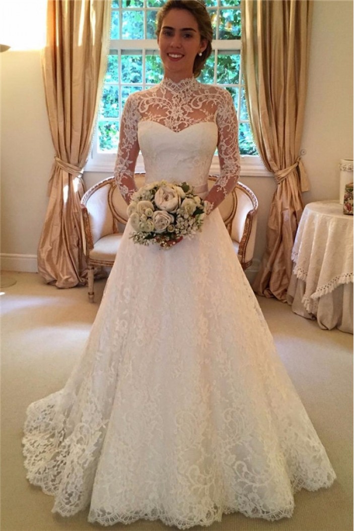 High Neck Long Sleeves Lace Keyhole Back Wedding Dresses Bridal Gowns 3030306