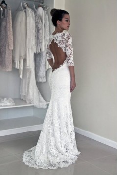 Mermaid 3/4 Length Sleeves Lace Wedding Dresses Bridal Gowns 3030315