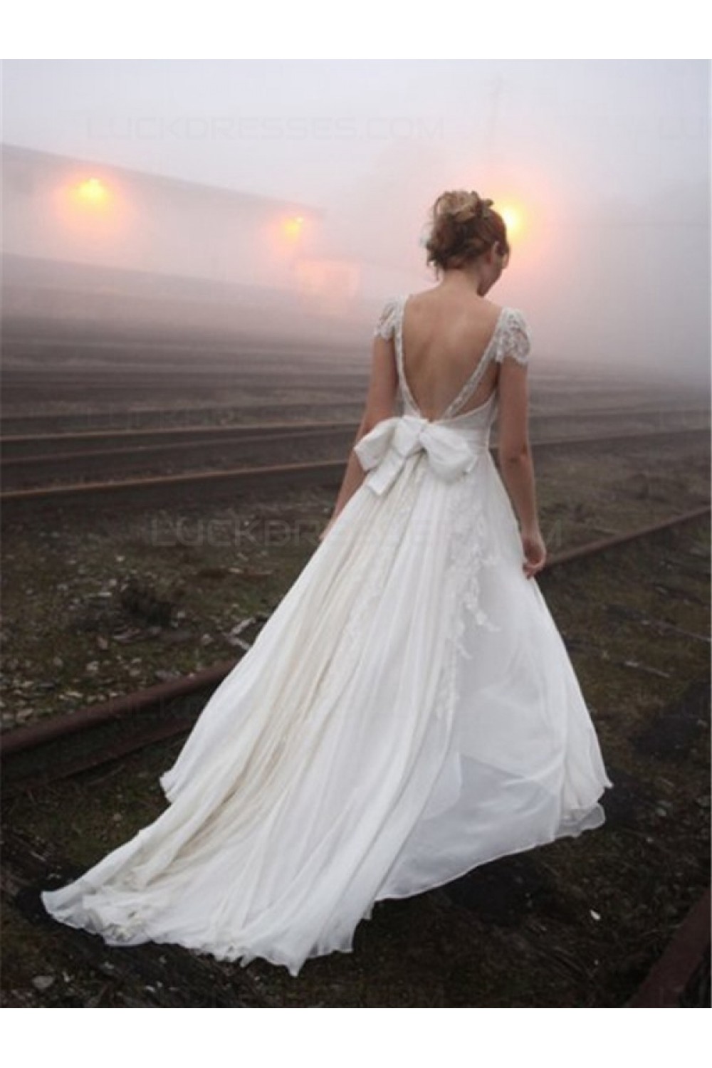 Cap Sleeves Lace Chiffon Backless Wedding Dresses Bridal