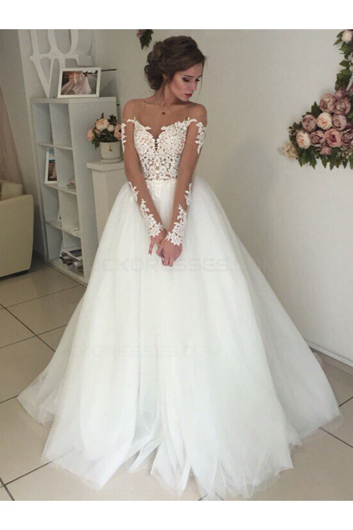 Long Sleeves Lace Illusion Neckline Wedding Dresses Bridal ...
